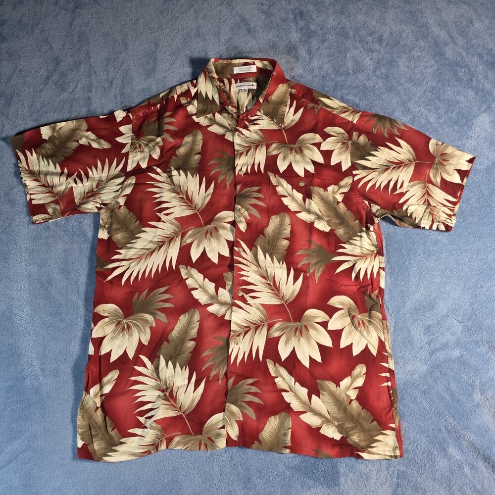 Pierre Cardin Hawaiian Shirt Mens Large Red Tropical Leaf Print 100% Rayon